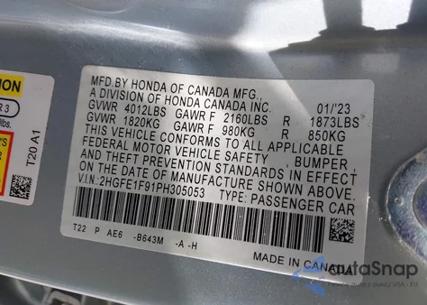 2023 Honda Civic Touring z USA, uszkodzony, nr VIN 2HGFE1F91PH305053